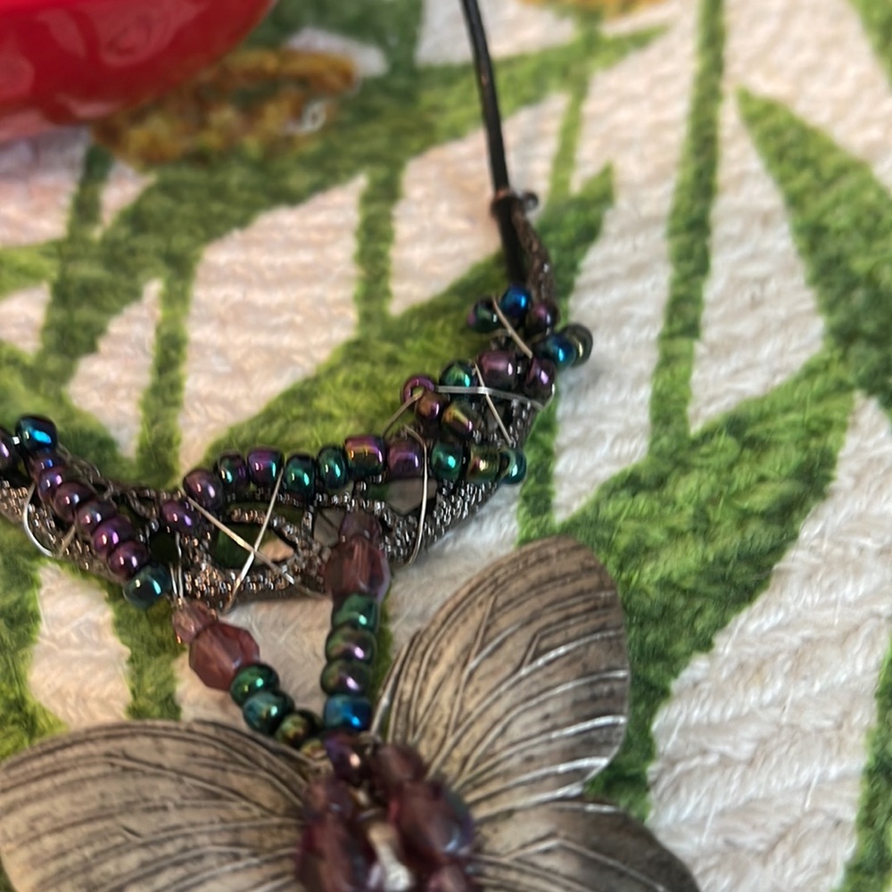 Handcrafted Oil Slick & Aurora Borealis Purple Accent Silver Butterfly Necklace - Picture 9 of 11